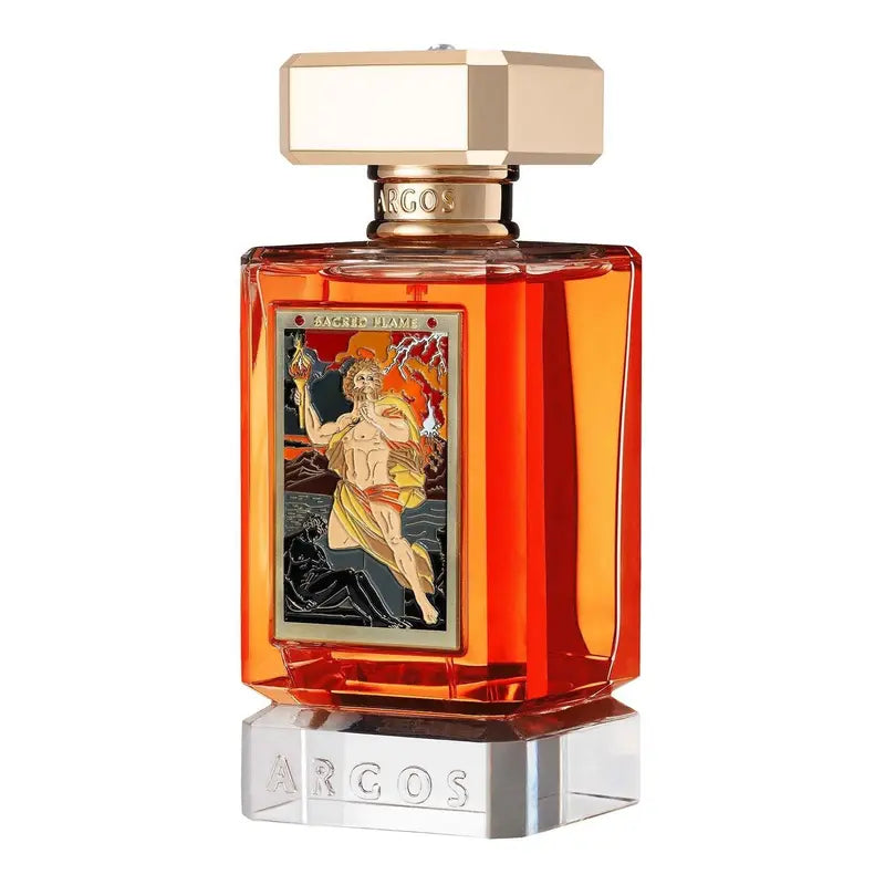 Perfume bottle with decorative label on a white background