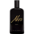 Black perfume bottle with gold text on a white background