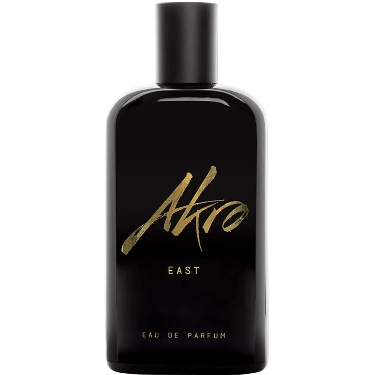 Black perfume bottle with gold text on a white background