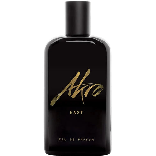 Black perfume bottle with gold text on a white background