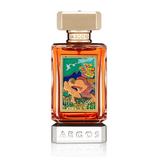 Perfume bottle with decorative label on a white background