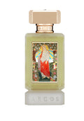 Perfume bottle with artistic label on a white background
