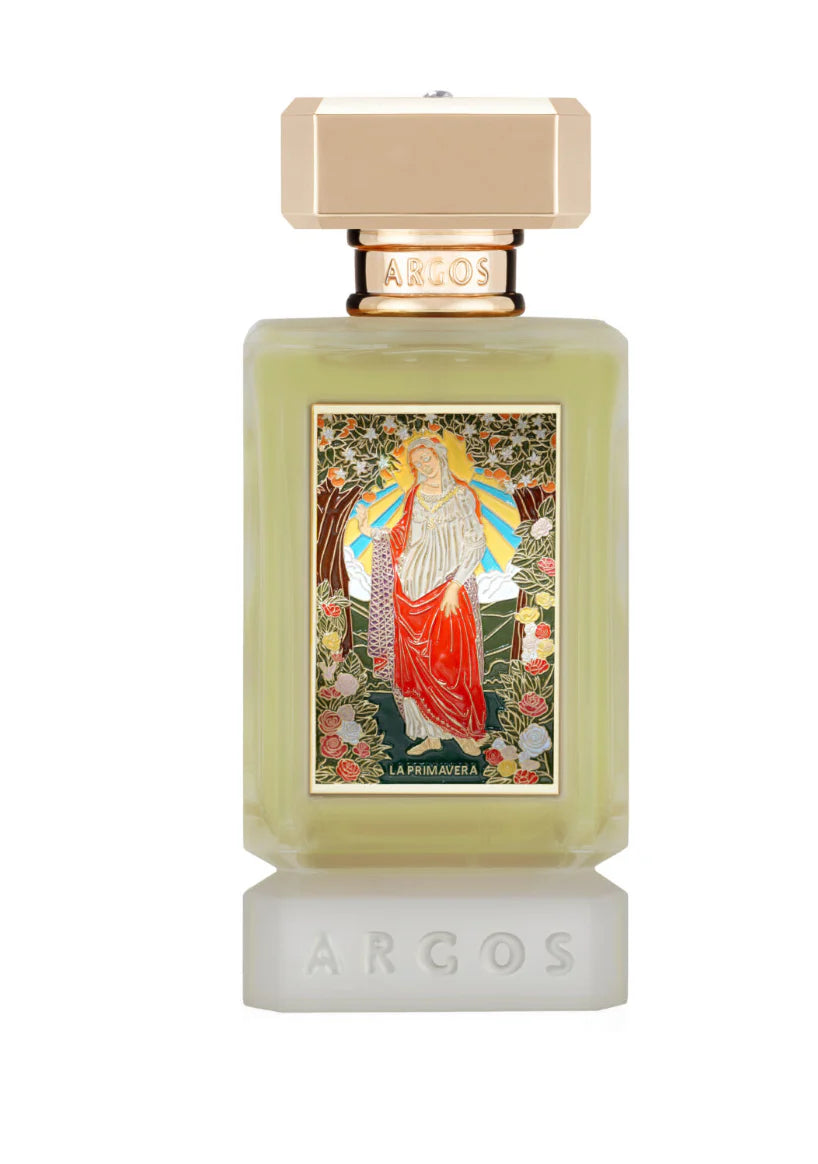 Perfume bottle with artistic label on a white background