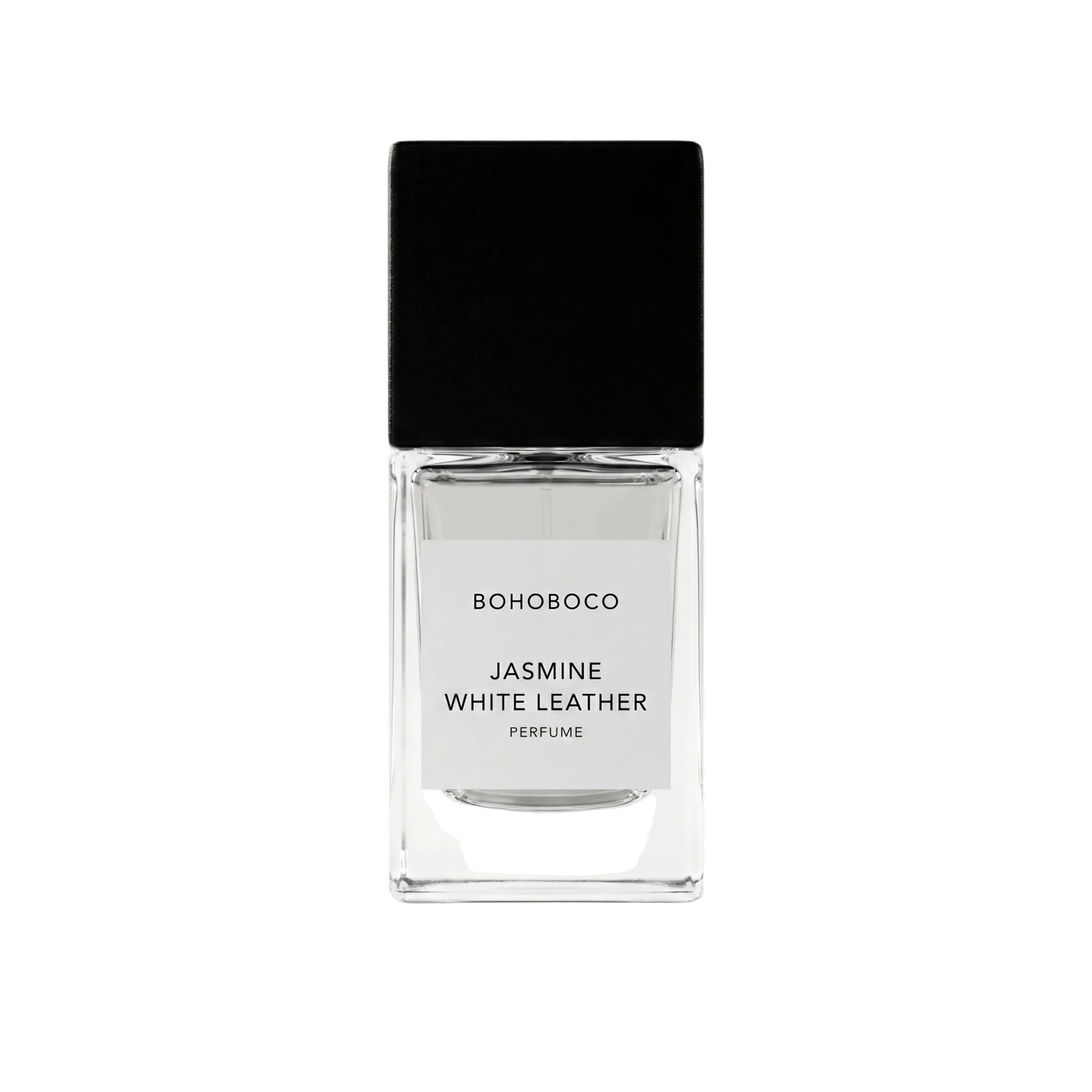 Perfume bottle labeled 'BOHOBOCO Jasmine White Leather' on a white background