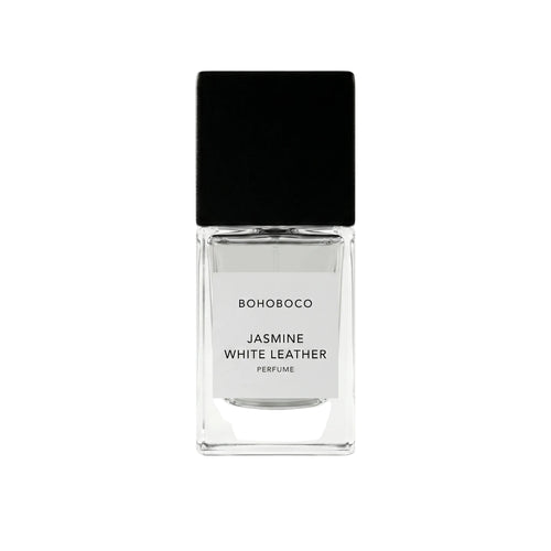 Perfume bottle labeled 'BOHOBOCO Jasmine White Leather' on a white background