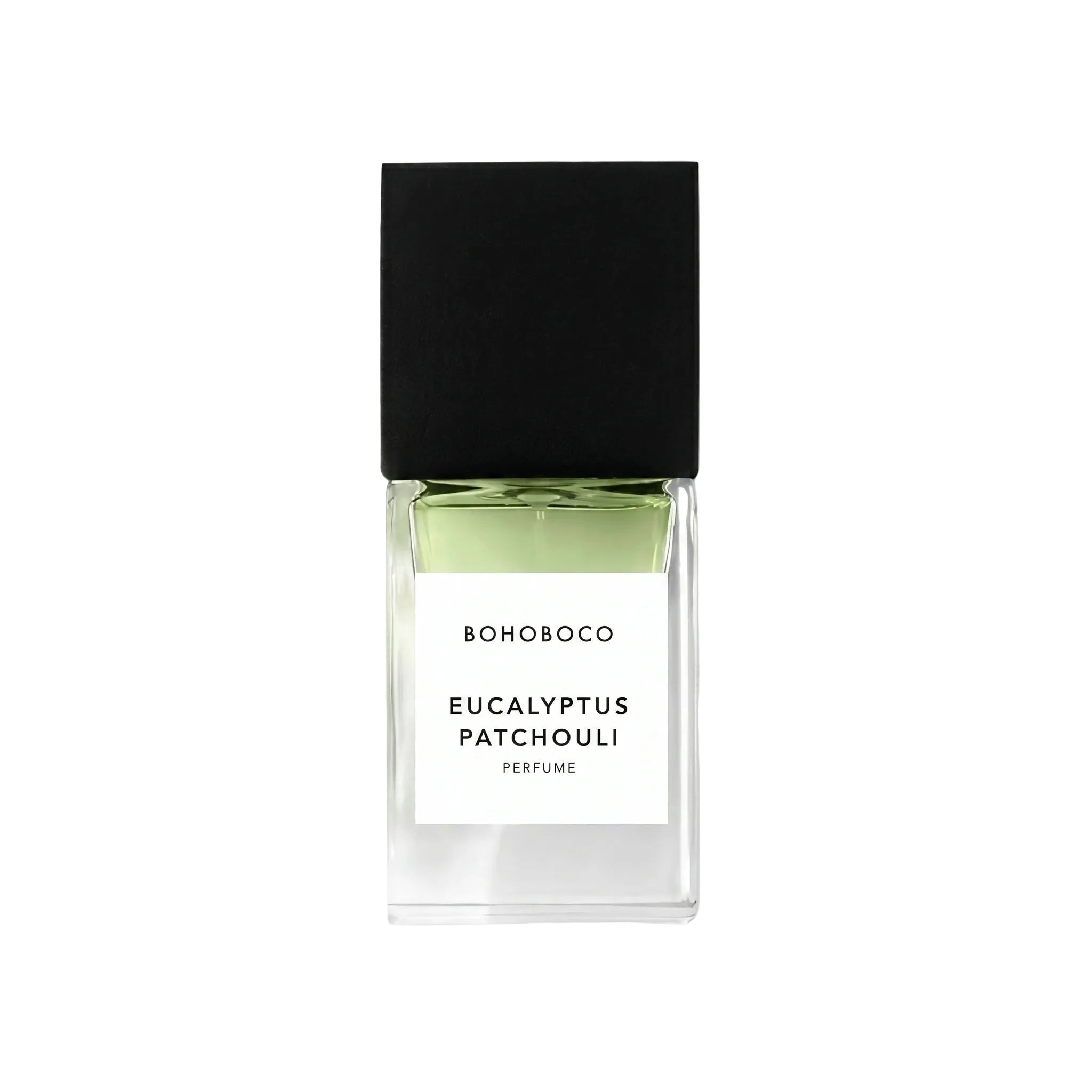 Perfume bottle labeled 'Eucalyptus Patchouli' by BOHOBOCO on a white background