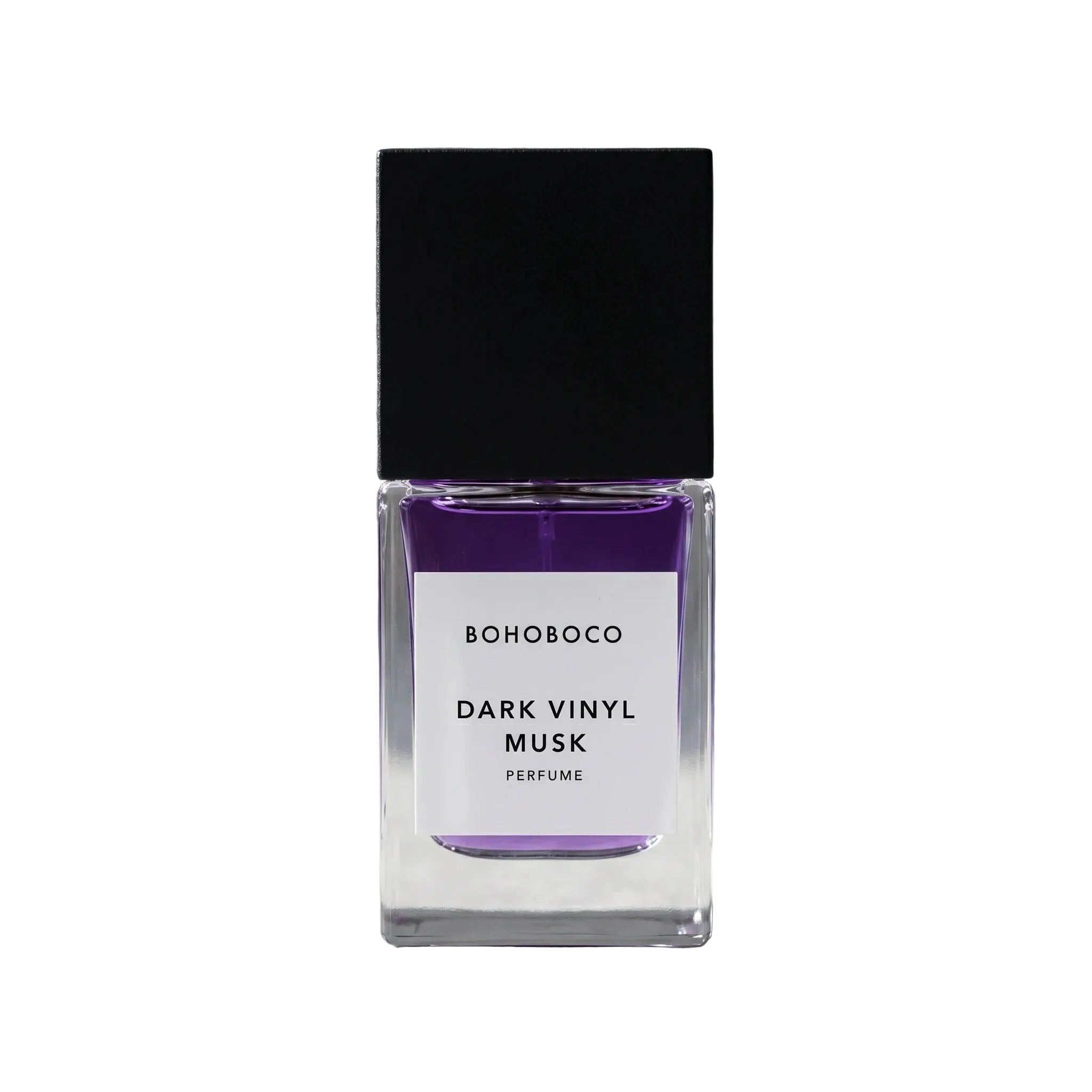 Perfume bottle labeled 'Dark Vinyl Musk' by Bohoboco on a gray background