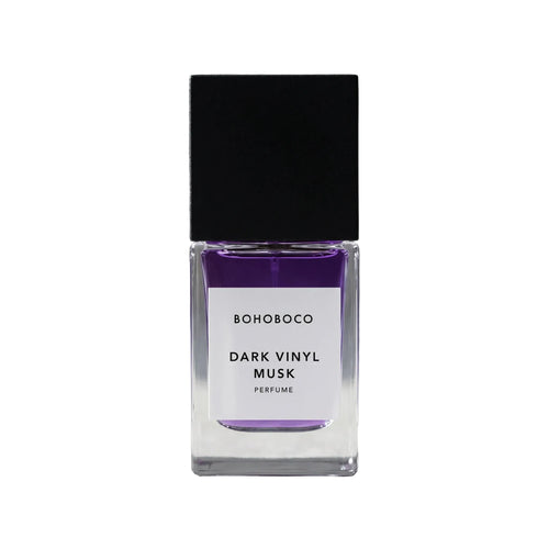 Perfume bottle labeled 'Dark Vinyl Musk' by Bohoboco on a gray background