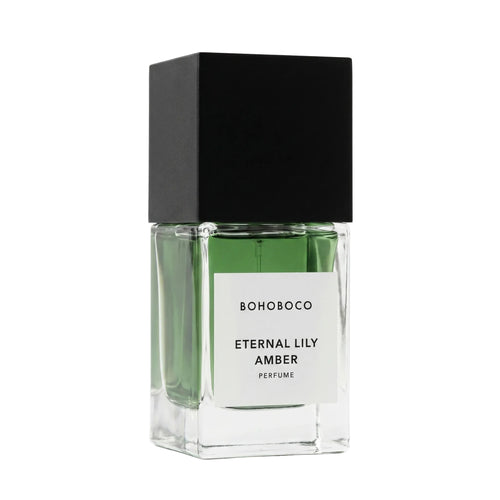Perfume bottle labeled 'Eternal Lily Amber' by BOHOBOCO on a white background