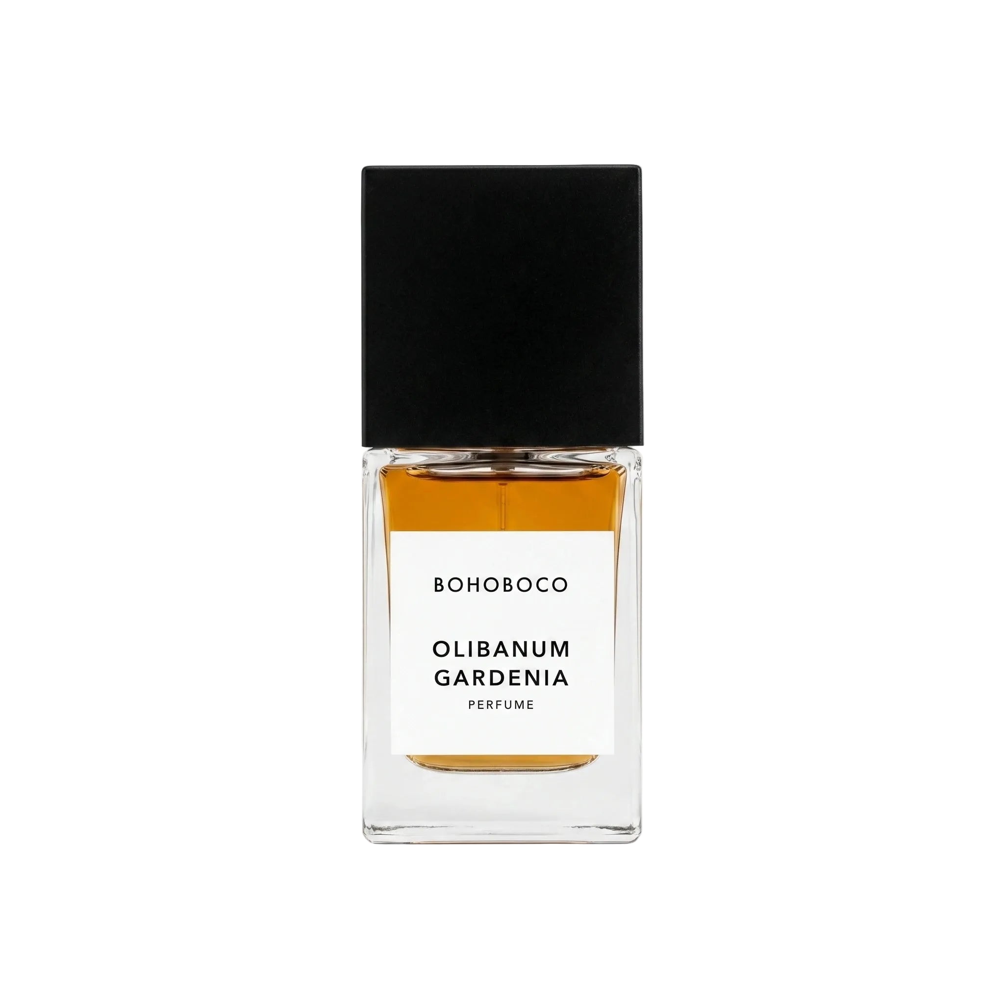 Perfume bottle labeled 'Olibanum Gardenia' by BOHOBOCO on a white background