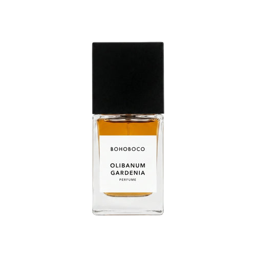 Perfume bottle labeled 'Olibanum Gardenia' by BOHOBOCO on a white background