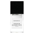 Perfume bottle labeled 'BOHOBOCO Geranium Balsamic Note' on a white background