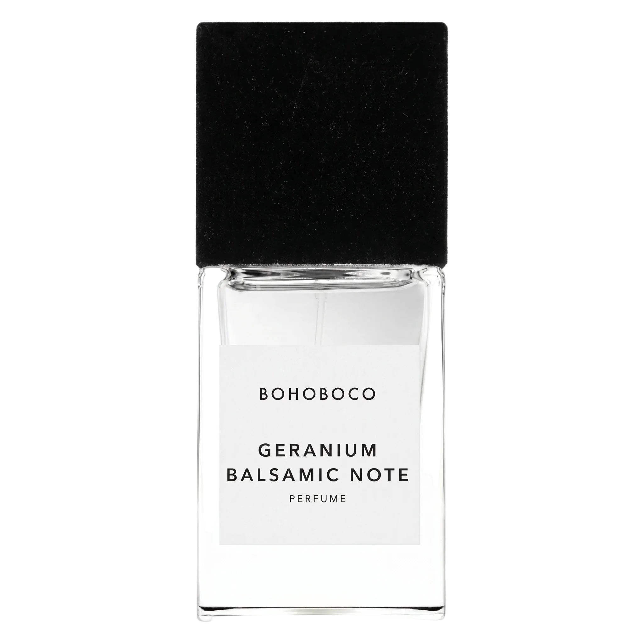 Perfume bottle labeled 'BOHOBOCO Geranium Balsamic Note' on a white background
