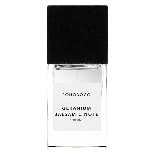 Perfume bottle labeled 'BOHOBOCO Geranium Balsamic Note' on a white background