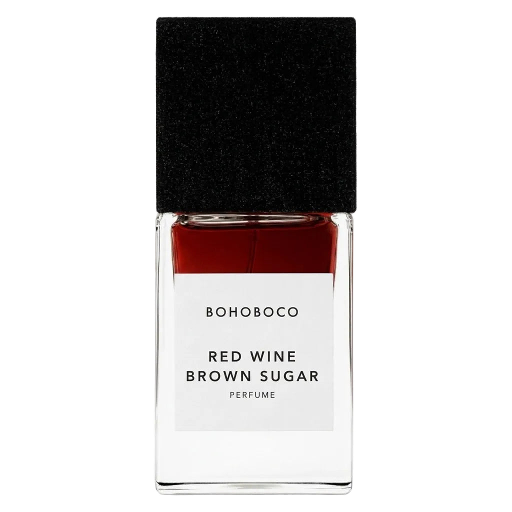 Perfume bottle labeled 'Red Wine Brown Sugar' by BOHOBOCO on a white background