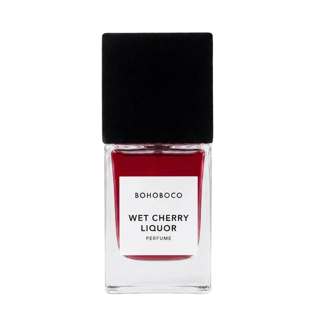 Perfume bottle labeled 'Wet Cherry Liquor' by BOHOBOCO on a white background