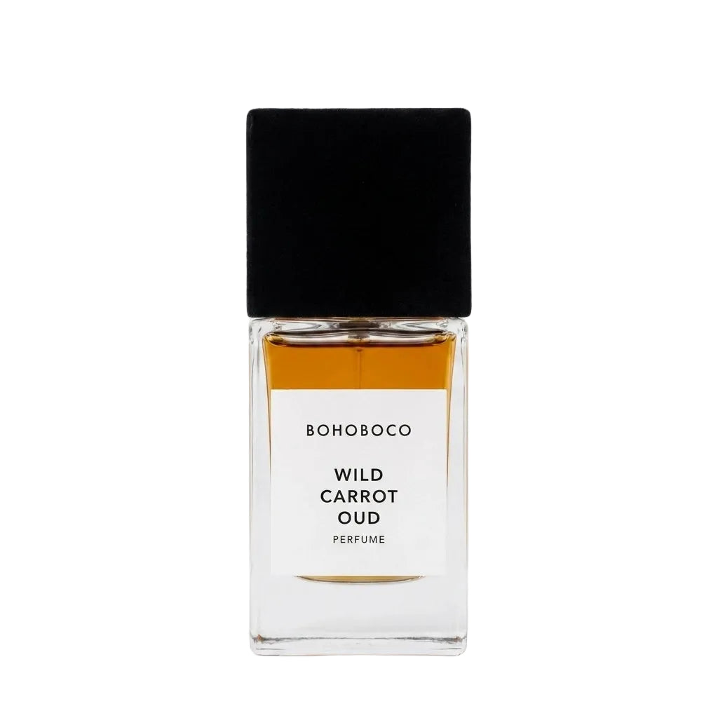 Perfume bottle labeled 'Wild Carrot Oud' by BOHOBOCO on a white background