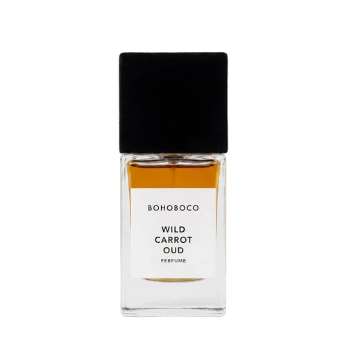 Perfume bottle labeled 'Wild Carrot Oud' by BOHOBOCO on a white background
