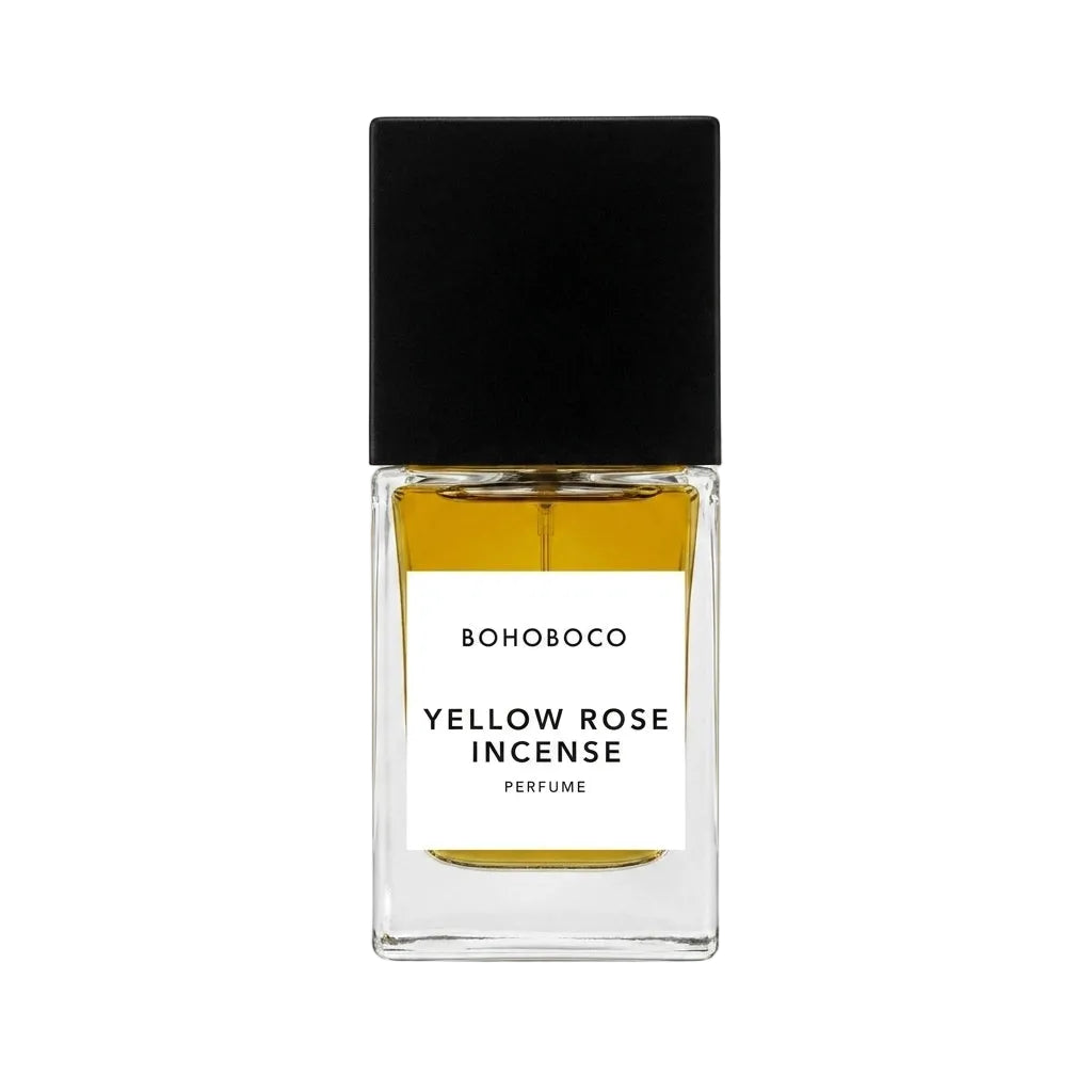 Perfume bottle labeled 'Yellow Rose Incense' by BOHOBOCO on a white background