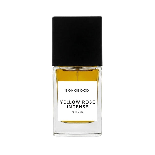 Perfume bottle labeled 'Yellow Rose Incense' by BOHOBOCO on a white background