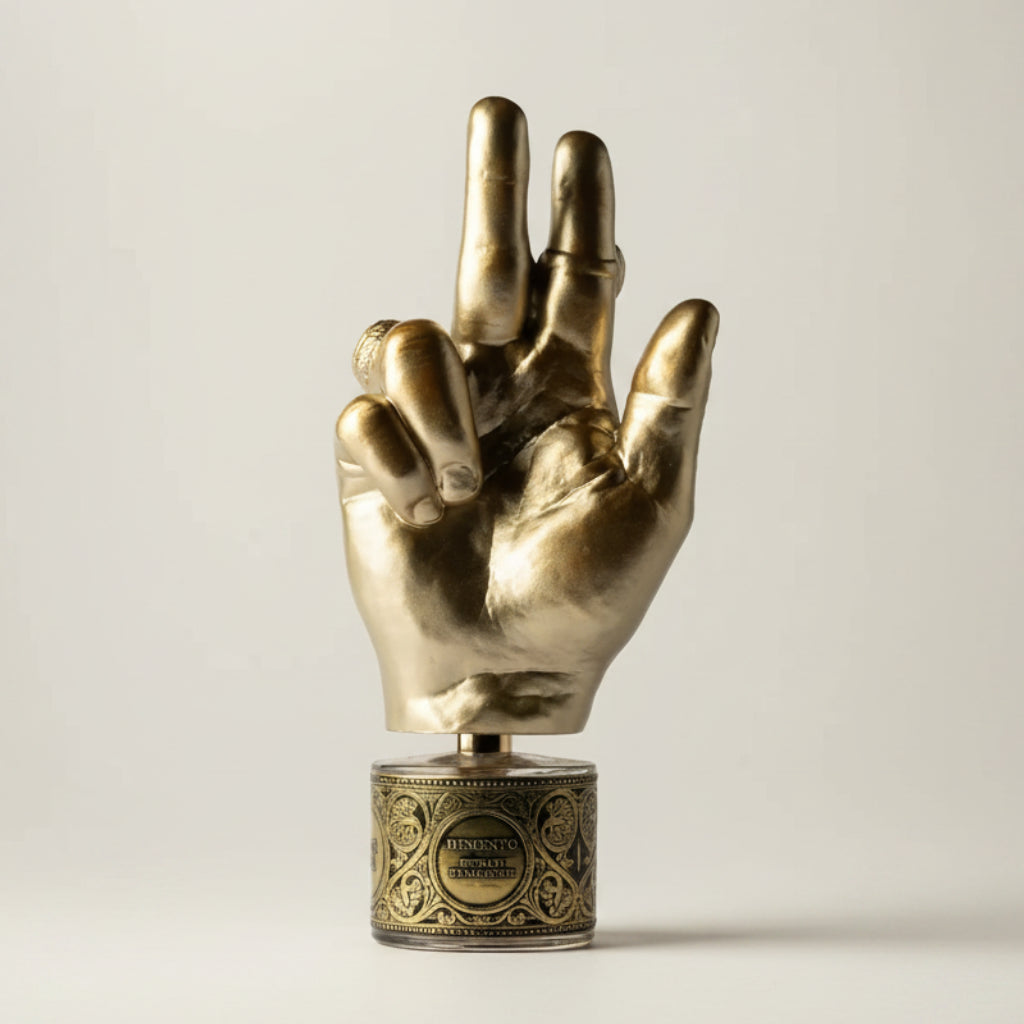 A metallic gold hand sculpture making the peace sign, mounted on an ornate cylindrical base with decorative detailing, photographed against a clean white background.
