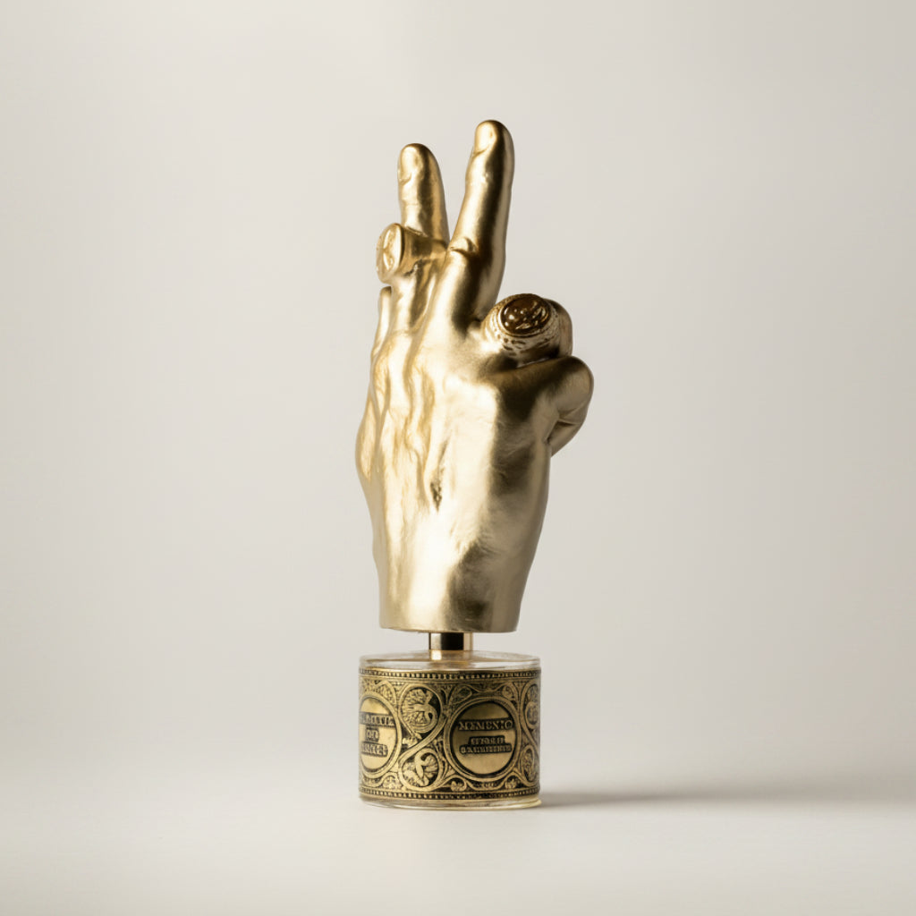 A gold-toned hand sculpture making a peace sign, mounted on an ornate cylindrical base with circular medallion details, photographed against a clean white background.
